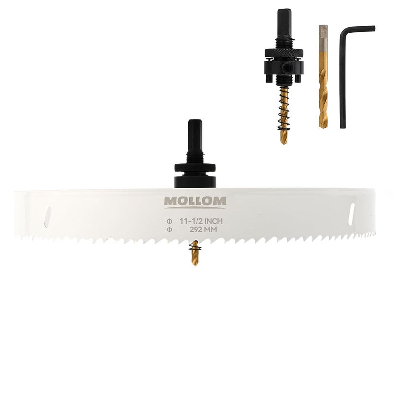 Mollom (292mm | 11-1/2") HSS M42 with 8% Cobalt BI-Metal Hole Saw with 2 Pilot Drill Bits & Arbor Smooth Cutting for PVC,Drywall,Wood,Plastic,Gypsum Board,Rubber - Image 1